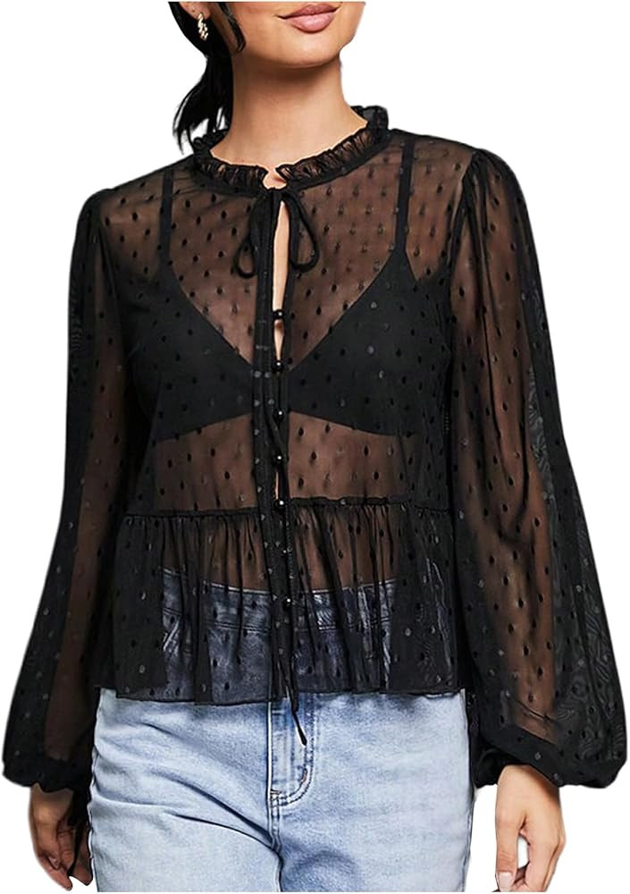 GORGLITTER Women's Polka Dots Mesh Boho Top Tie Front Bishop Sleeve Babydoll Shirt Mock Neck Coun... | Amazon (US)