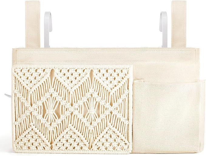 Mkono Bedside Caddy, Macrame Hanging Organizer, 4 Pockets Ivory Metal Hooks | Dorm Room Essential... | Amazon (US)