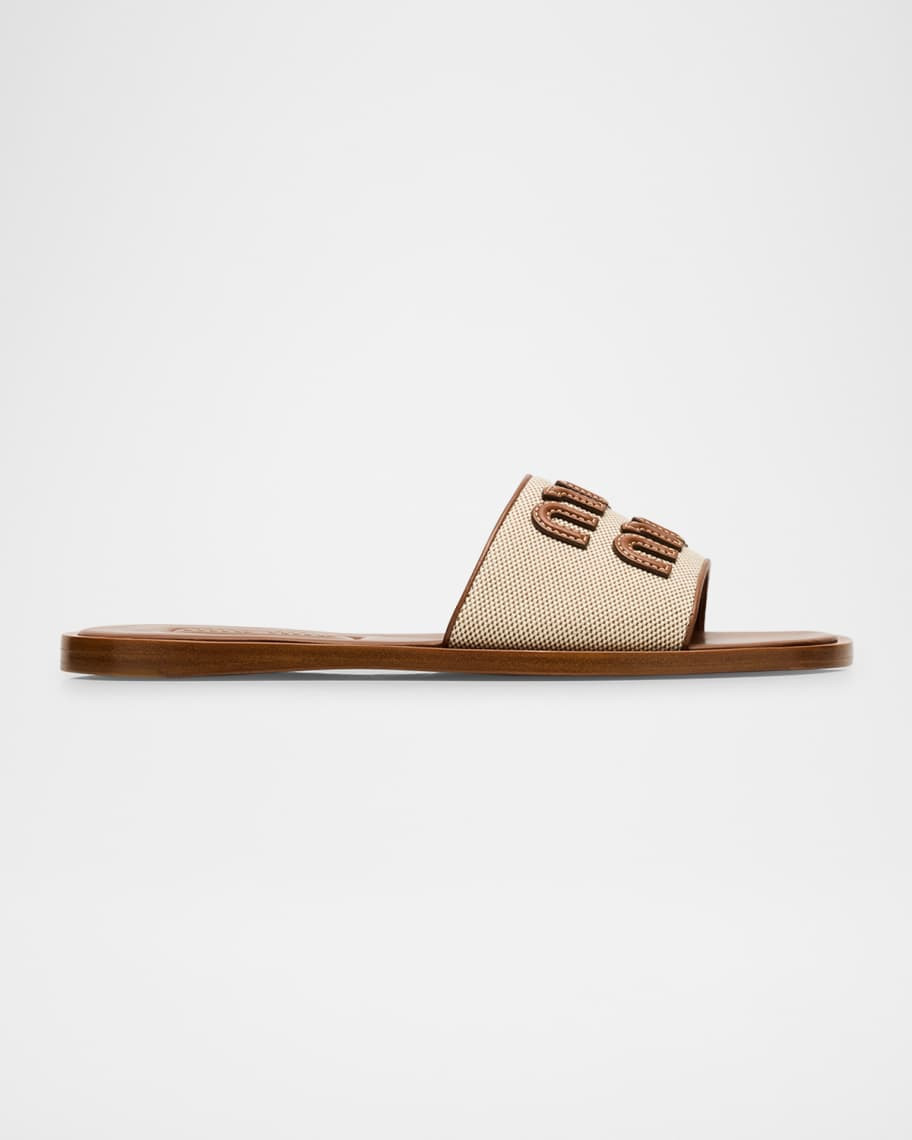 Miu Miu Canvas Logo Flat Slide Sandals | Neiman Marcus