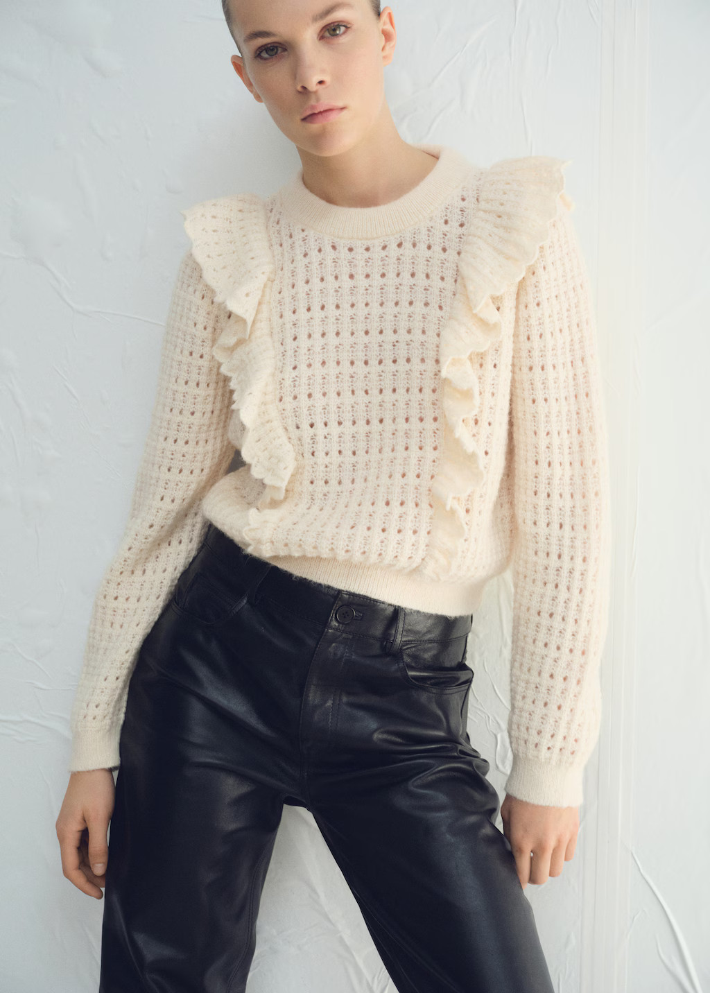 Openwork knitted sweater with ruffles - Women | MANGO USA | Mango (US/MX/AU)
