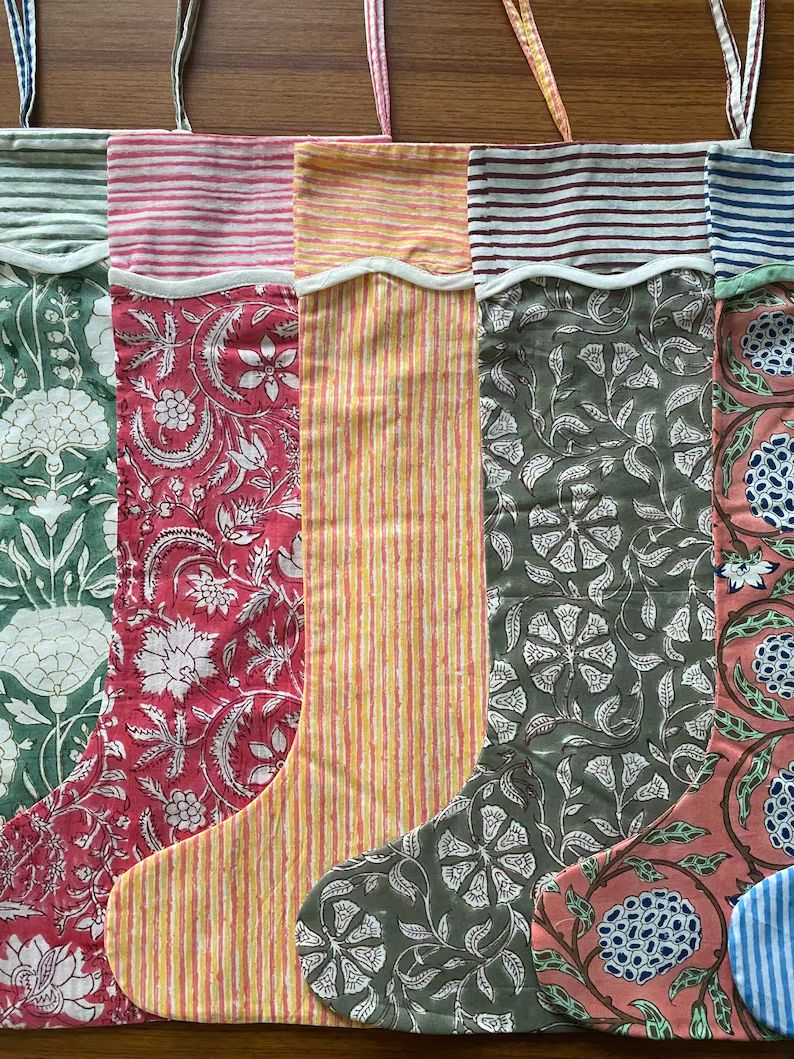 Mix Bag of Indian Floral Hand Block Printed Cotton Cloth Christmas Stocking, Christmas Decor, Handma | Etsy (US)