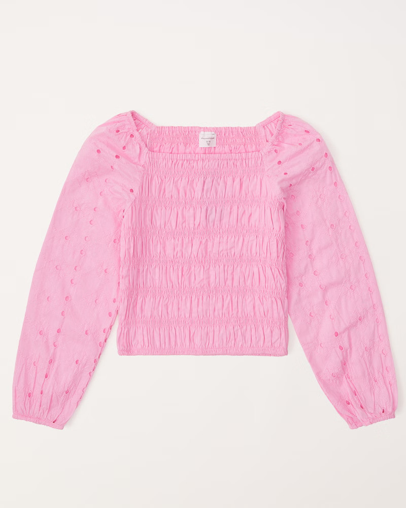 long-sleeve eyelet smocked top | Abercrombie & Fitch (US)