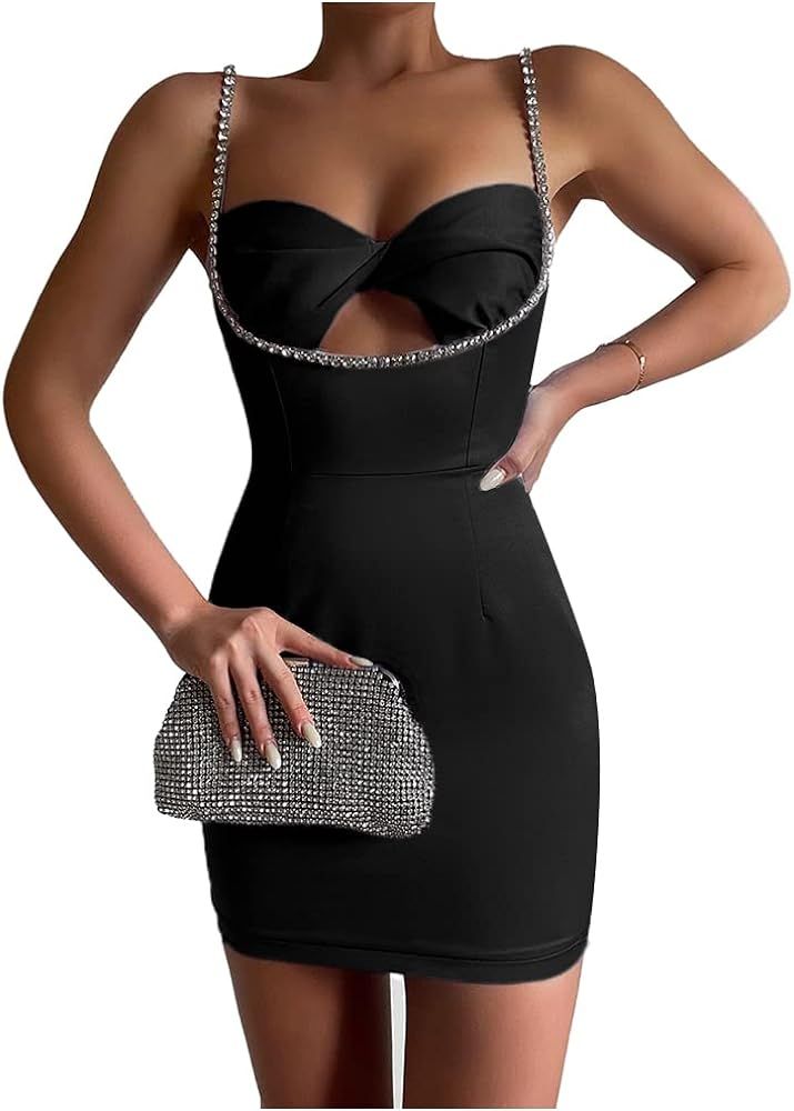 Women Rhinestone Spaghetti Strap Cut Out Satin Bodycon Club Mini Dress | Amazon (US)