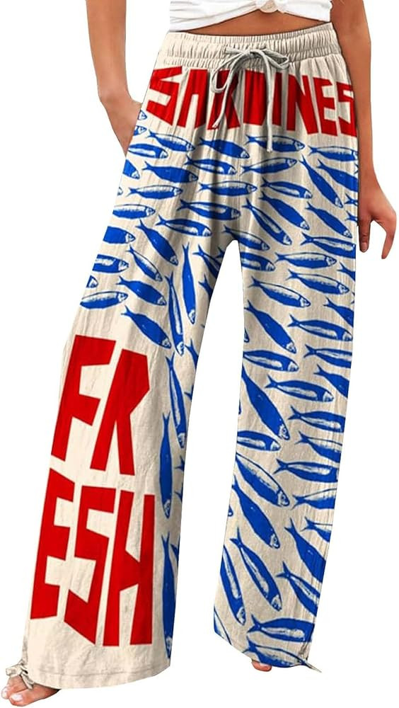 Women High Waisted Cotton Linen Palazzo Pants Dog Fish Graphic Wide Leg Long Lounge Pant Trousers... | Amazon (US)