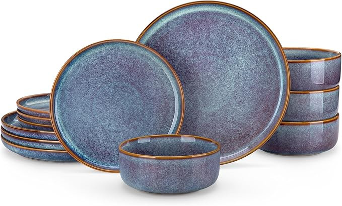 vancasso PLAYA Plates and Bowls Sets, 12 Pieces Grey-Blue Dinnerware Sets for Kitchen, Reactive G... | Amazon (US)