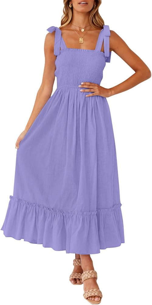 ZESICA Women's 2024 Summer Boho Spaghetti Strap Square Neck Solid Color Ruffle A Line Beach Long ... | Amazon (US)