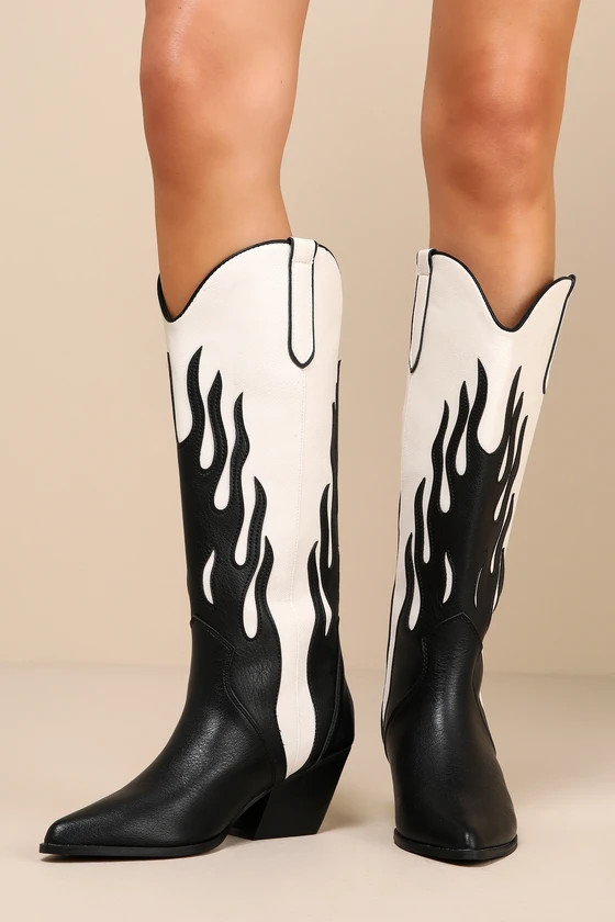 Zarina Black and Ivory Flame Knee-High Slip-On Western Boots | Lulus