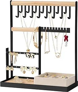 Jewelry Organizer Stand with Velvet Ring Holder, 4 Tier Jewelry Holder Organizer with 15 Hooks Ne... | Amazon (US)