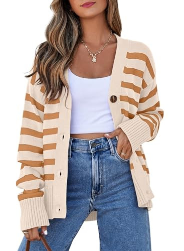 EVALESS Womens Striped Cardigan Sweaters Long Sleeve V Neck Lightweight Open Front Button Down Kn... | Amazon (US)