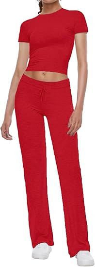 AnotherChill Women's 2 Piece Lounge Sets Straight Leg Pants Set Short Sleeve Crop T-shirt Casual ... | Amazon (US)