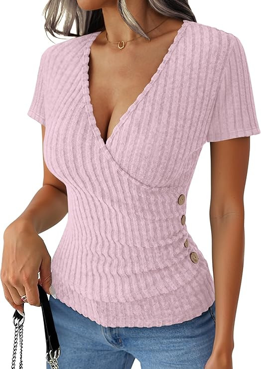 ANRABESS Shirts for Women V Neck Short Sleeve Sexy Top Ribbed Slim Fit Dressy Casual, 2026 Comfy ... | Amazon (US)