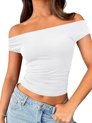 Trendy Queen Off The Shoulder Tops for Women Going Out Y2K Summer Cute Shirts Sexy 2025 Double Lined Spring Club Outfits White L | Amazon (US)