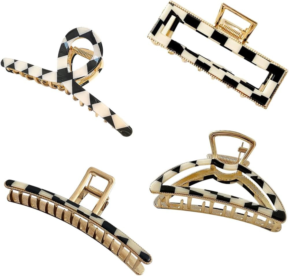 BetterJonny Large Hair Clips, 4Pcs Checker Metal Hair Claw Clips, Non-Slip Hair Clips Barrette Ja... | Amazon (US)