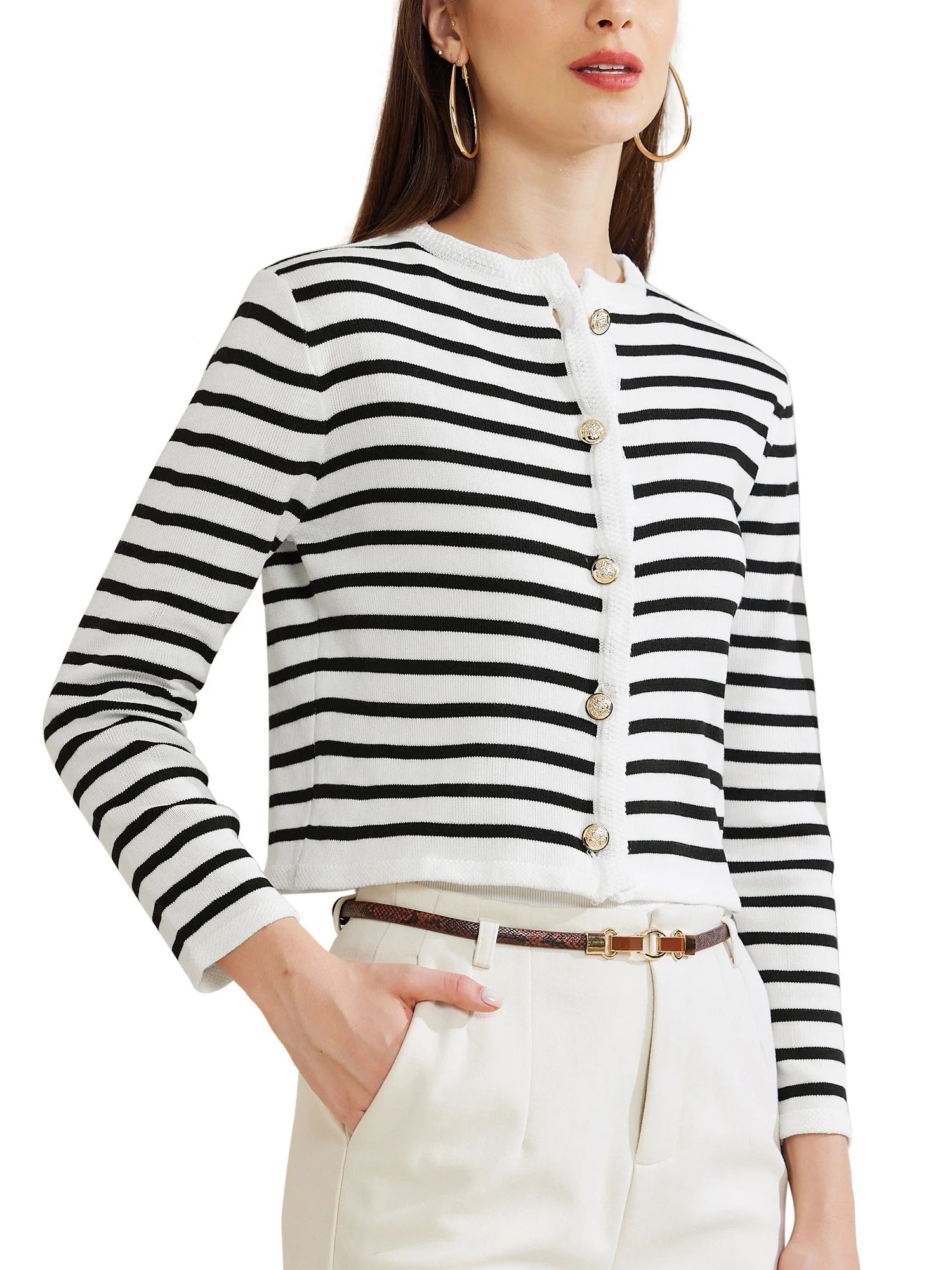 Allegra K Knit Cardigans for Women Button Down Round Stripes Neck Striped Cardigan Sweaters | Walmart (US)