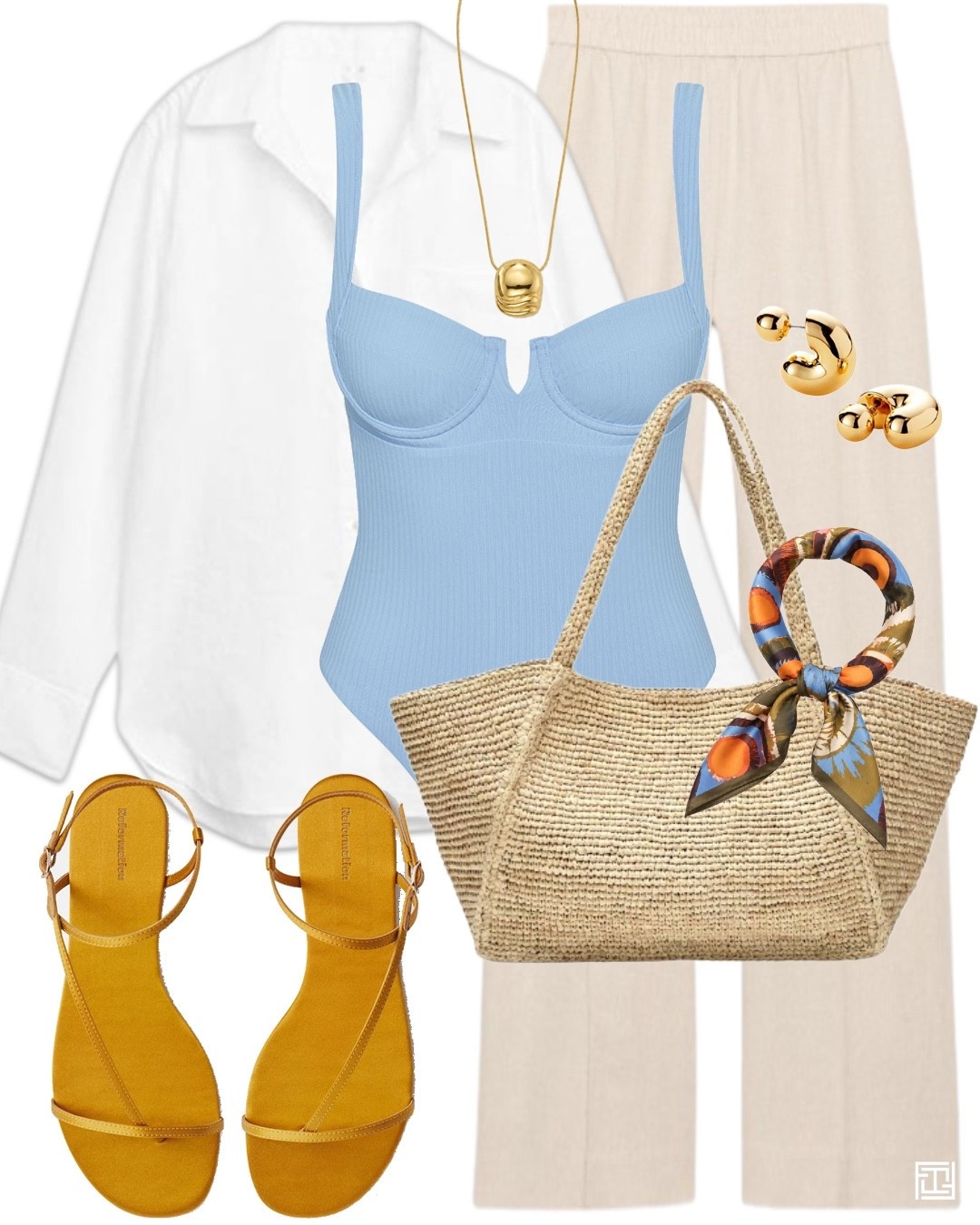 Blue one piece  swimsuit linen trousers linen shirt mustard flat sandals raffia tote bag resort wear beach holiday vacation

#LTKuk #LTKsummer #LTKswimwear