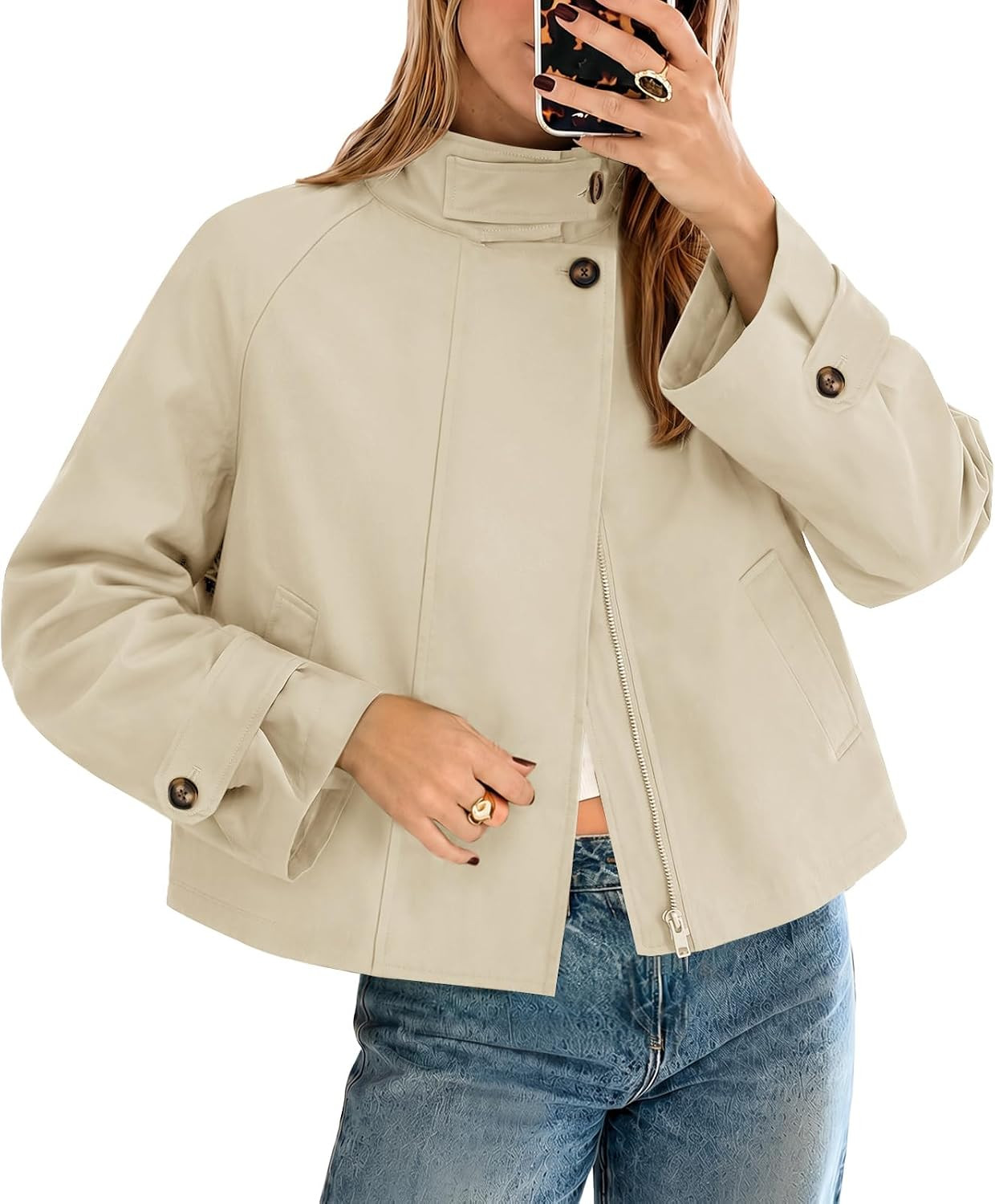 Women Cropped Trench Coat Fall Winter Funnel Neck Jacket | Amazon (US)