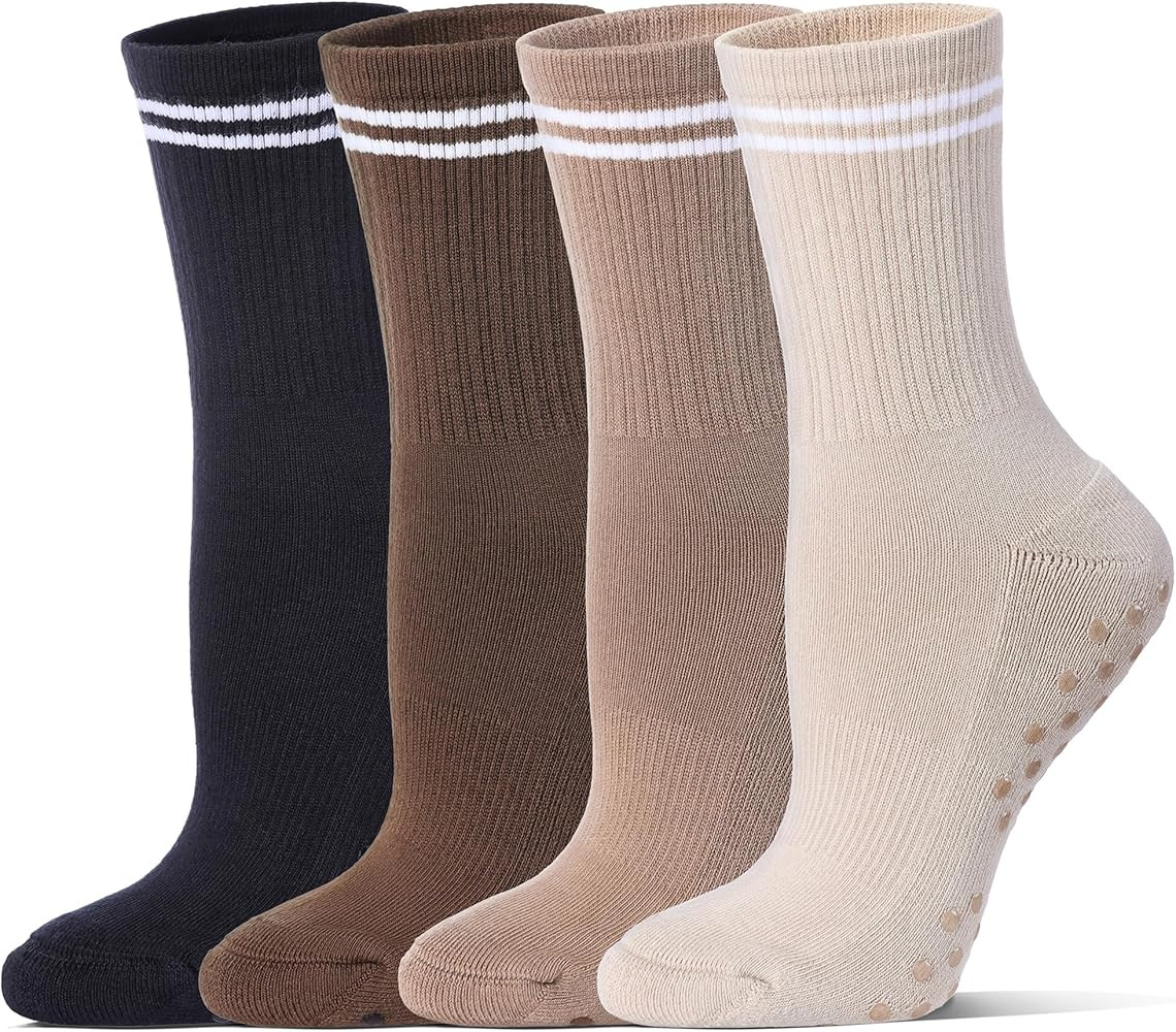 Pilates Grippy Socks for Women Striped Crew Cotton Cushioned Non-Slip Yoga Barre Workout Socks 4 ... | Amazon (US)