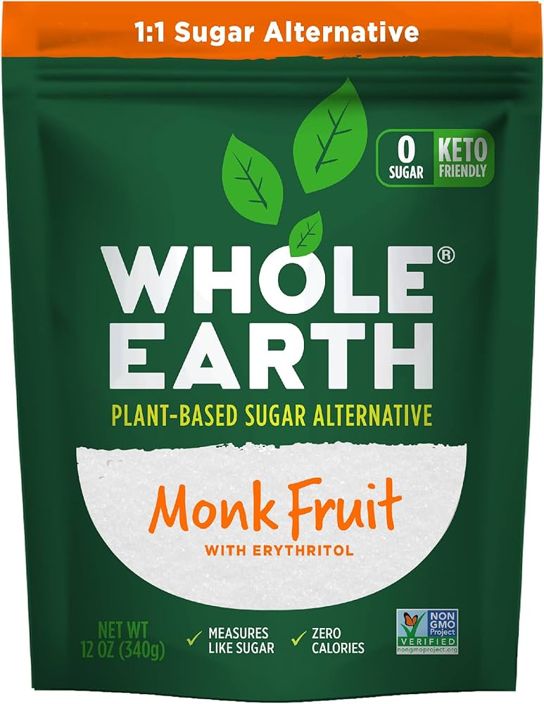 WHOLE EARTH Monk Fruit Sweetener with Erythritol, Plant-Based Sugar Alternative, 12 Ounce Pouch | Amazon (US)