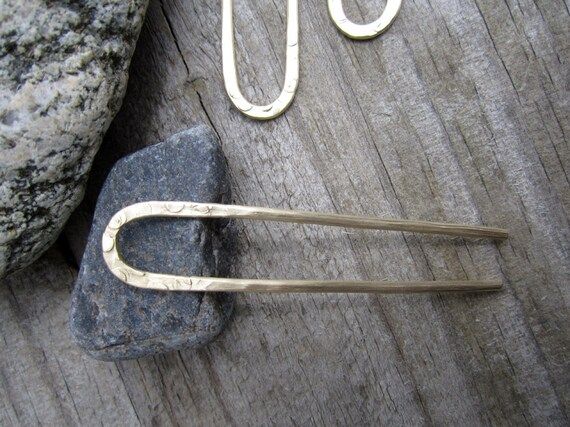 Ancient Stone Mini Hair Fork in Brass - Bun Pin - Textured Satin Finish Gold Hair Pin - Haar Gabel | Etsy (US)