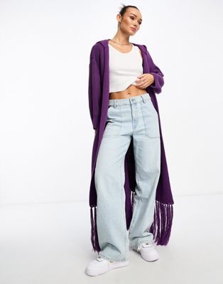 Annorlunda chunky cable knit slouchy tassel hem cardigan in purple | ASOS (Global)