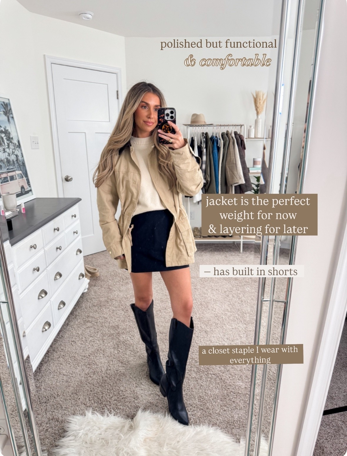 Polished but functional fall outfit 
+ barn jacket: xs
+ sweater: small
+ skort: xs 
+ boots: true to size and linking similar 

#LTKSeasonal #LTKFindsUnder50 #LTKFindsUnder100