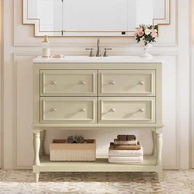 35.4" Single Bathroom Vanity with Ceramic Sink Top, 4 Drawers, Dark Beige | Wayfair North America