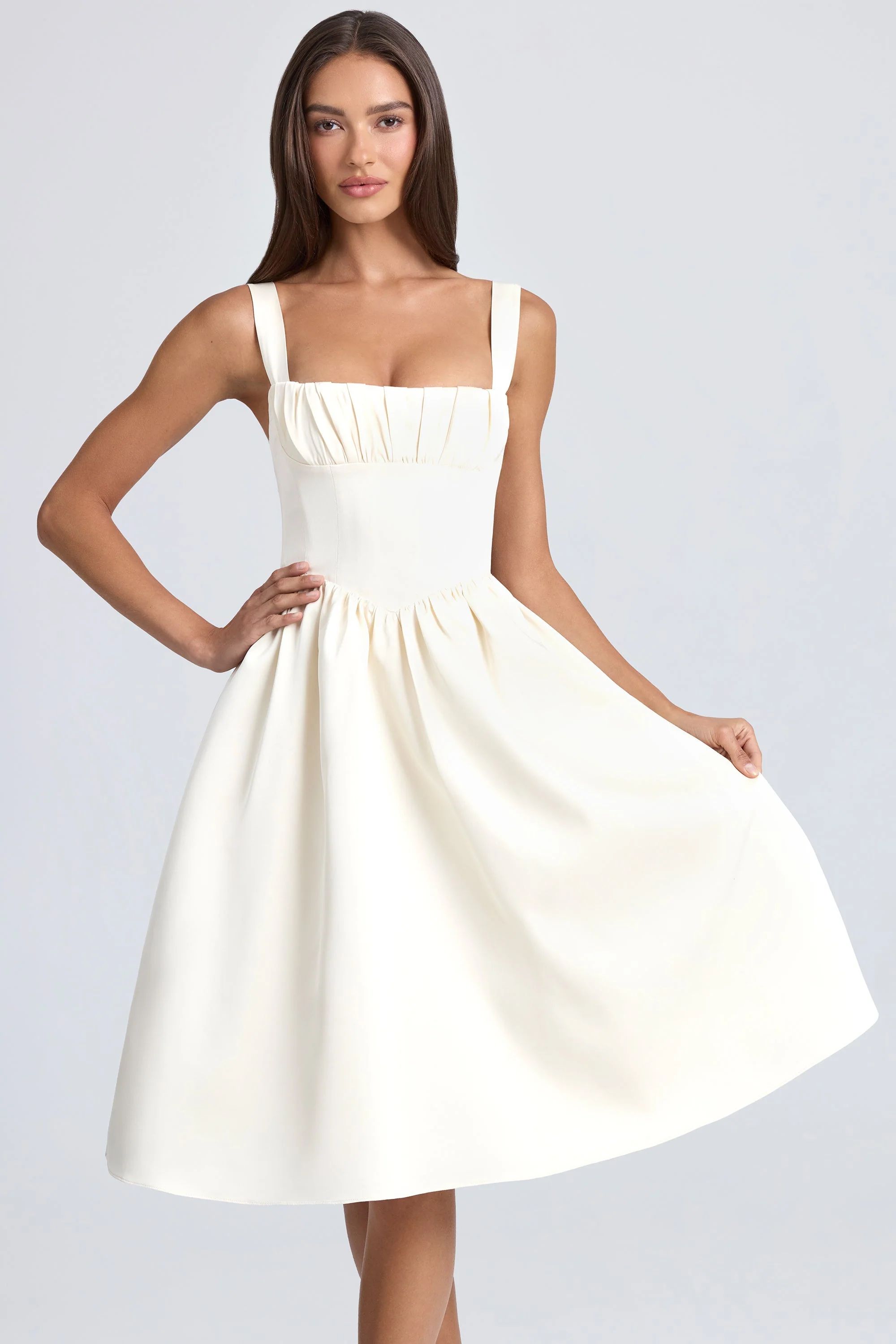 Draped Corset Midaxi Dress in Ivory | Oh Polly