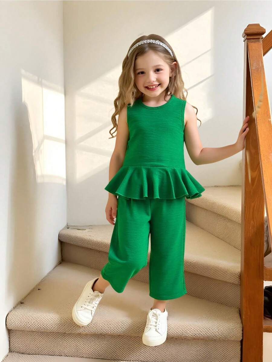 2pcs Girls Beach Vacation Casual Basics Ruffle Sleeveless Top + Wide Leg Pants Set, Matching Sist... | SHEIN