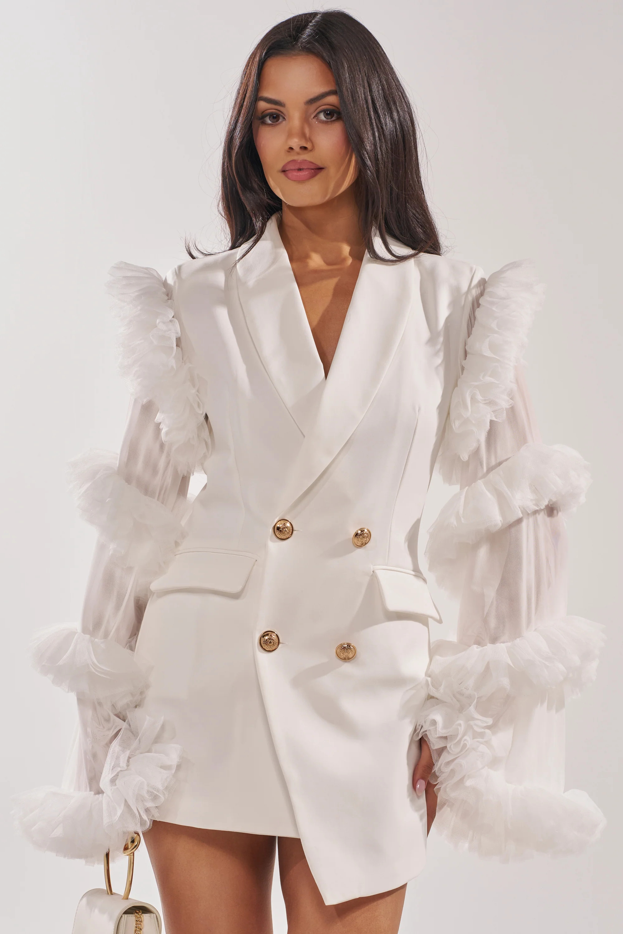 LIVING OVER THE TOP RUFFLE SLEEVE BLAZER MINI DRESS IN WHITE | AKIRA