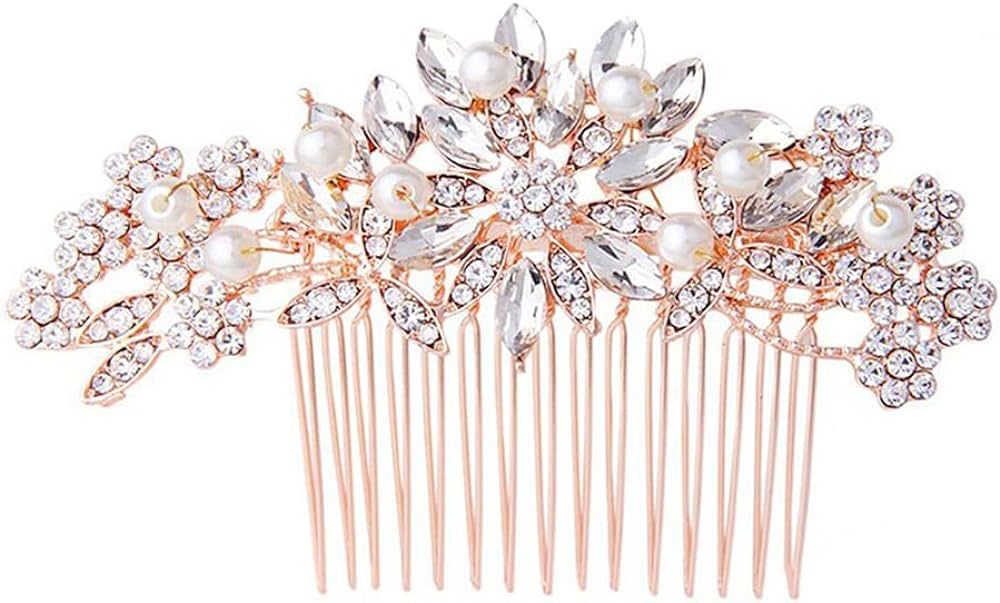 Hapibuy Rose Gold Wedding Hair Comb Pearl Crystal Bridal Hair Accessories For Bride and Bridesmai... | Amazon (US)