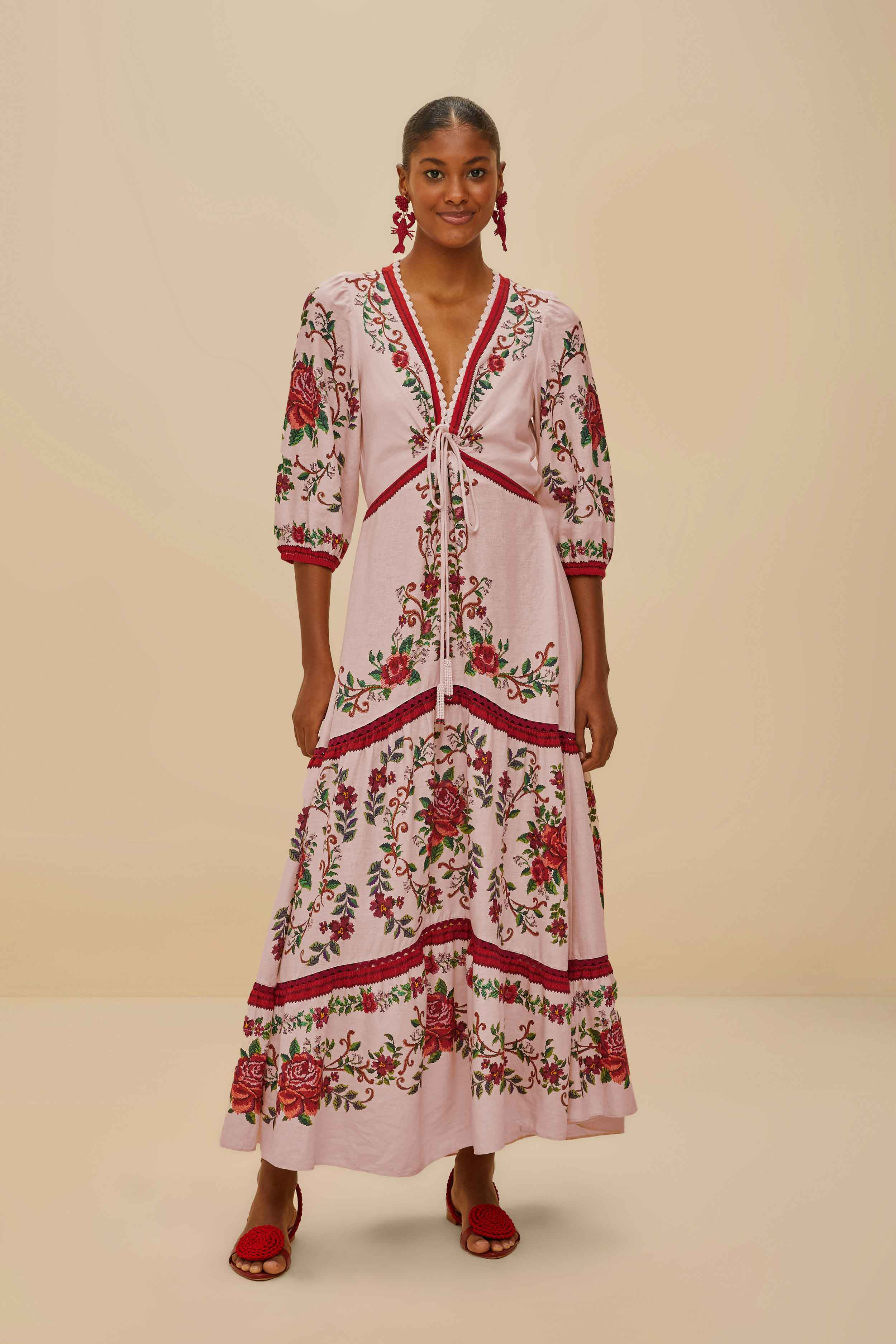 Pink Flower Tapestry LENZING™ ECOVERO™ Euroflax™ Maxi Dress | FarmRio (US)