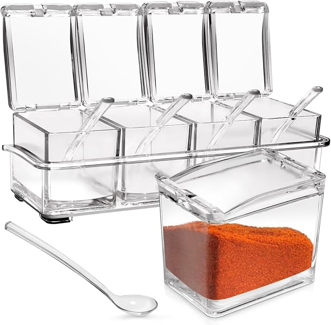 4-Cell Clear Seasoning Rack Spice Box, Storage Container Condiment Jars Acrylic Seasoning Box wit... | Amazon (US)