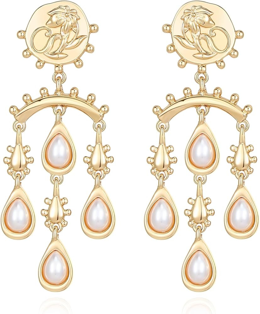 Vintage Pearl Drop Earrings, Gold Plated Chandelier Design with White Pearls, Dangle Statement Je... | Amazon (US)