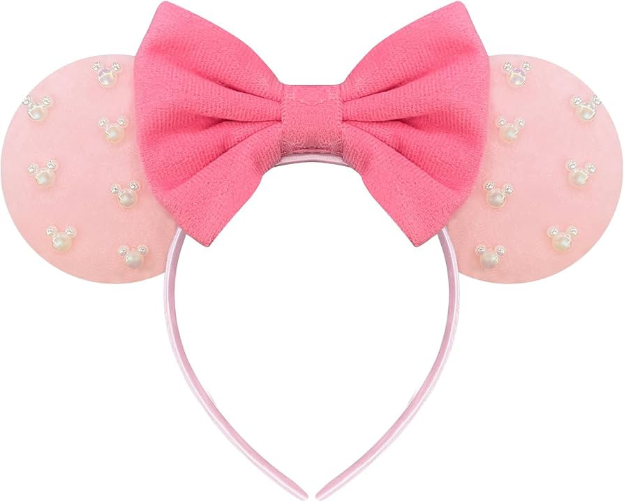 Trnerm Pink Fuzzy Mouse Ears Headband for Women, Cute Beads Headband with Bows，Halloween Costum... | Amazon (US)