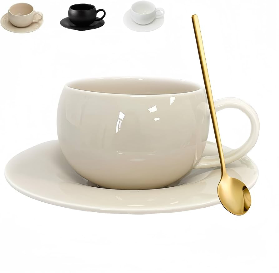 ARISKEY Coffee Mug with Saucer Set,9.5OZ/280ml Ceramic Cute Cup with Coaster for Tea, Milk and La... | Amazon (US)