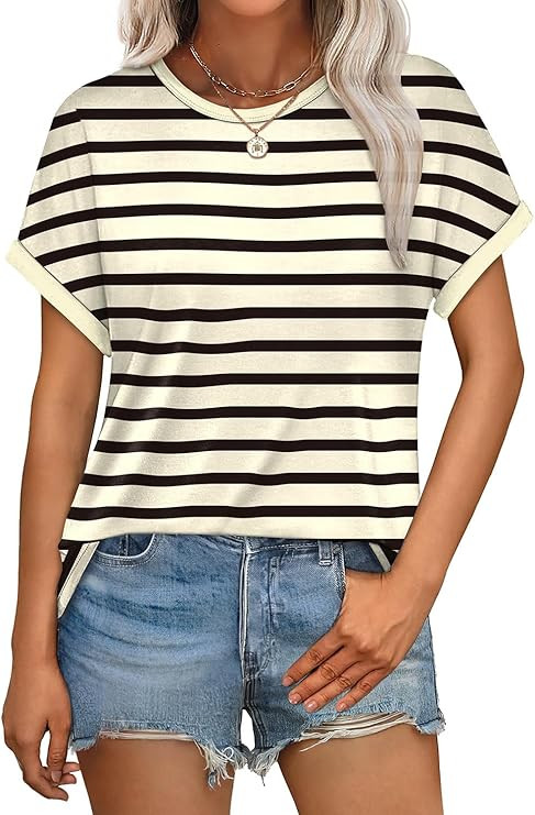 WEESO Womens T Shirts Crew Neck Rolled Short Sleeve Basic Summer Tops 2026 Casual Tees Curved Hem | Amazon (US)