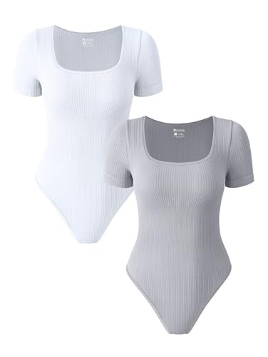 OQQ 2 Piece Bodysuits For Women Sexy Ribbed One Piece Short Sleeve Saquare Neck Bodysuits Grey White | Amazon (US)