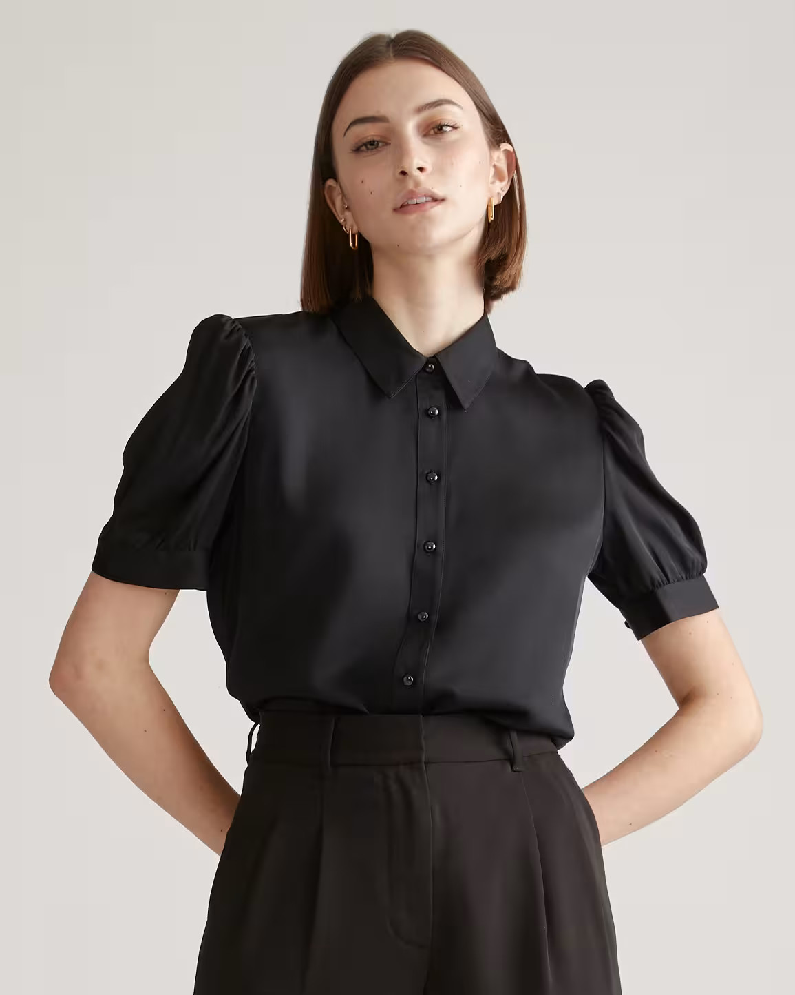 Washable Stretch Silk Puff Sleeve Blouse in Black | Quince