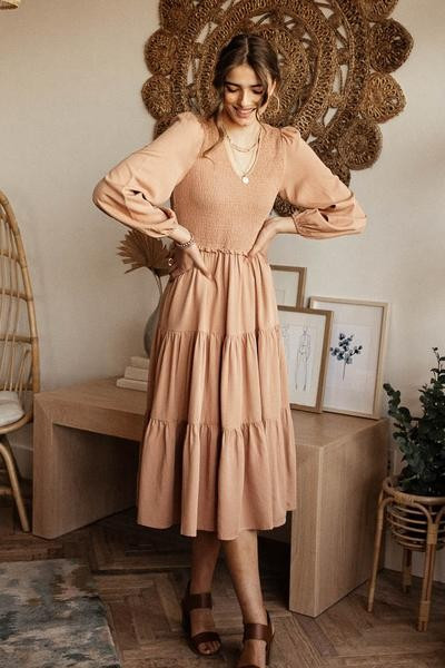 Smocked Tiered Midi Dress in Pink | Böhme US