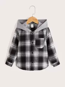 SHEIN Young Boy Tartan Print Button Front Hooded Shirt | SHEIN