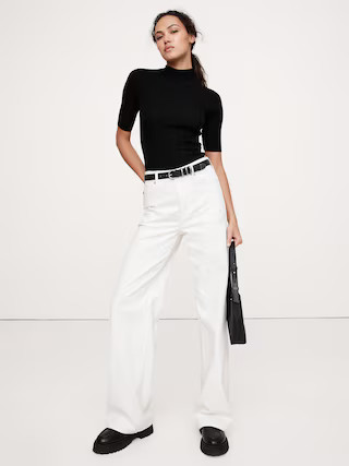 Ribbed Merino Mock-Neck Elbow-Sleeve Sweater | Banana Republic (US)