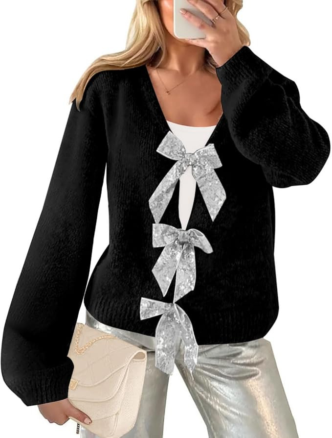 Women’s 2024 Fall Winter Bow Knot Cardigan Sweater Long Sleeve Open Front V Neck Chunky Knit Ca... | Amazon (US)