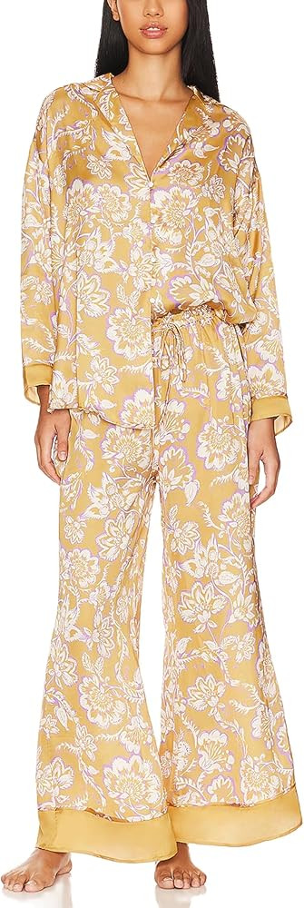 Women Soft Satin Pajamas Set Y2K Floral Long Sleeve Button Down Shirt Wide Leg Pants 2 Piece Silk... | Amazon (US)