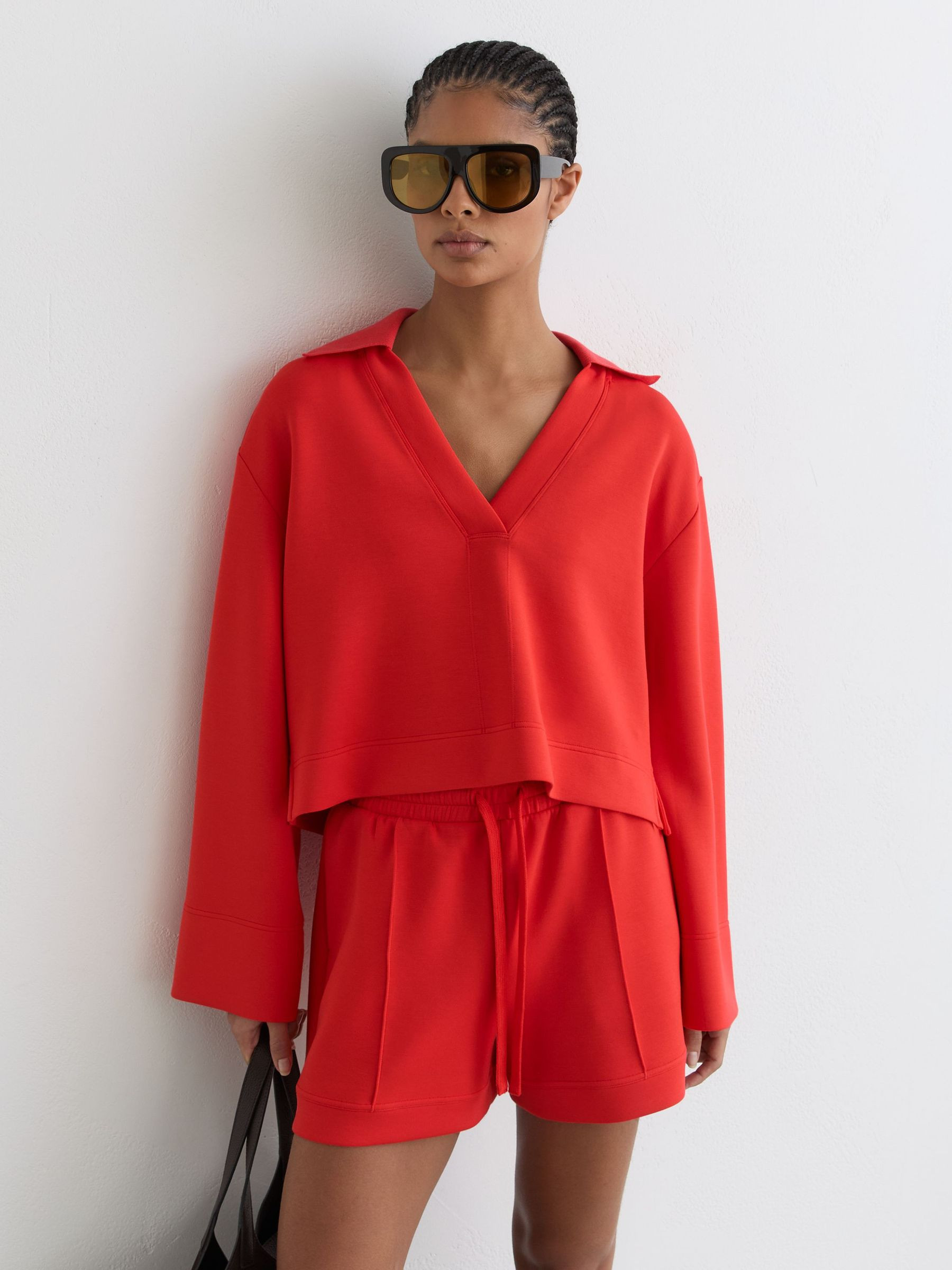 Reiss Premium Interlock Open-Collar Sweatshirt in Coral Red - REISS | Reiss UK