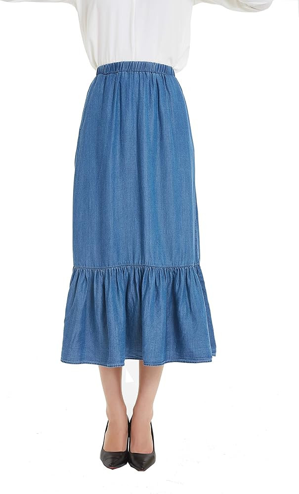 Tronjori Womens Tencel Denim Long Midi Skirt Pleated Hem | Amazon (US)