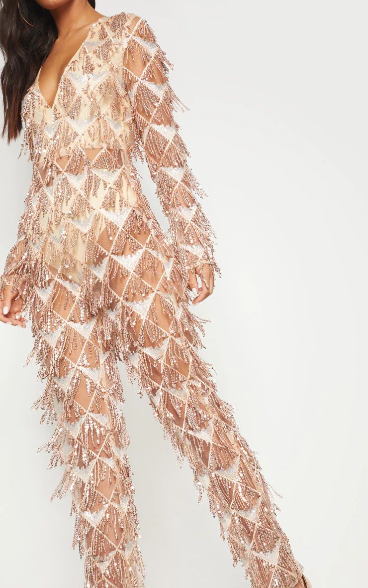 Rose Gold Tassel Sequin Plunge Jumpsuit | PrettyLittleThing US