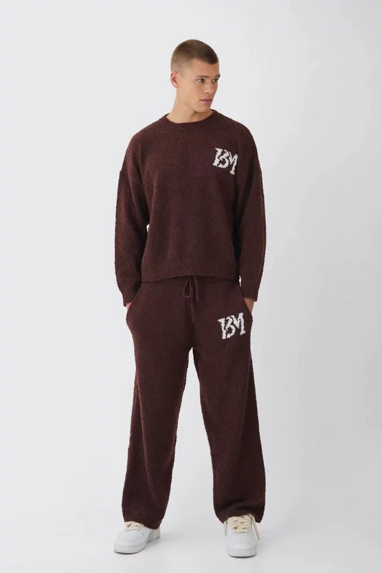 Brushed Boucle Knitted Branded Jumper Tracksuit | boohooMAN (DE, IE & UK)