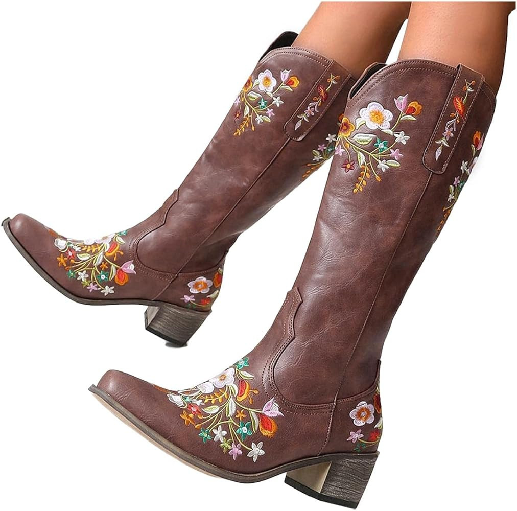 Hbeylia Cowboy Boots For Women Vintage Ethnic Western Cowgirls Boots Flower Embroidered Pointed T... | Amazon (US)