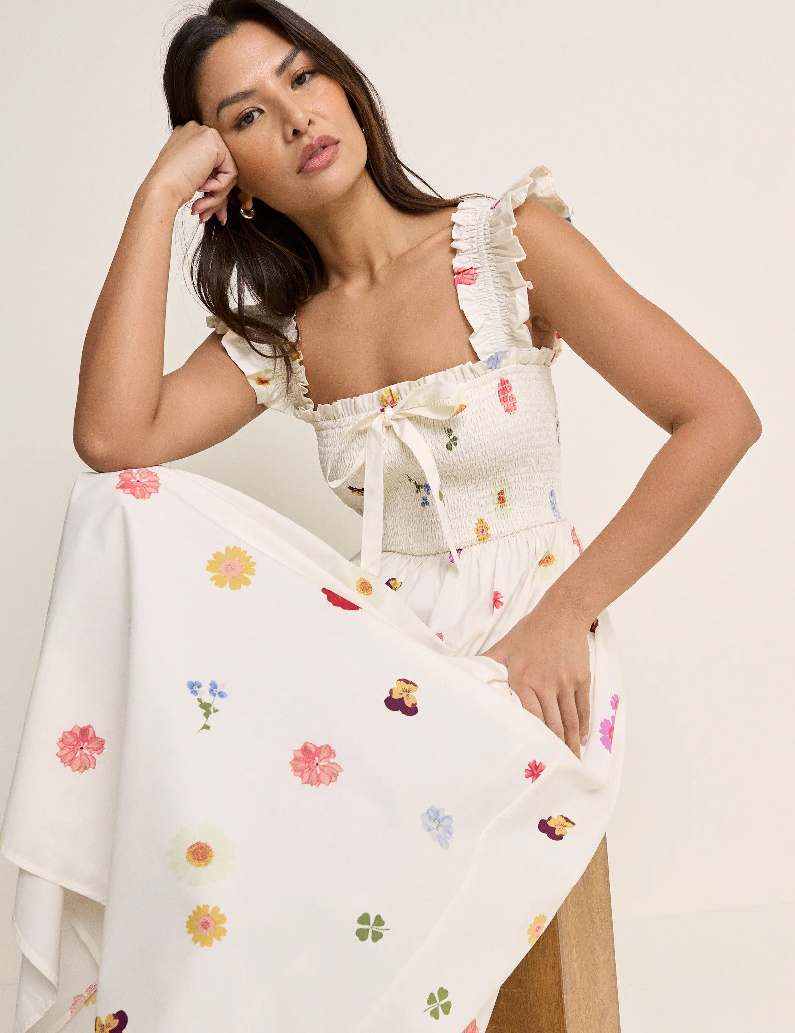 White Floral Shirred Christina Midi Dress | Nobody's Child