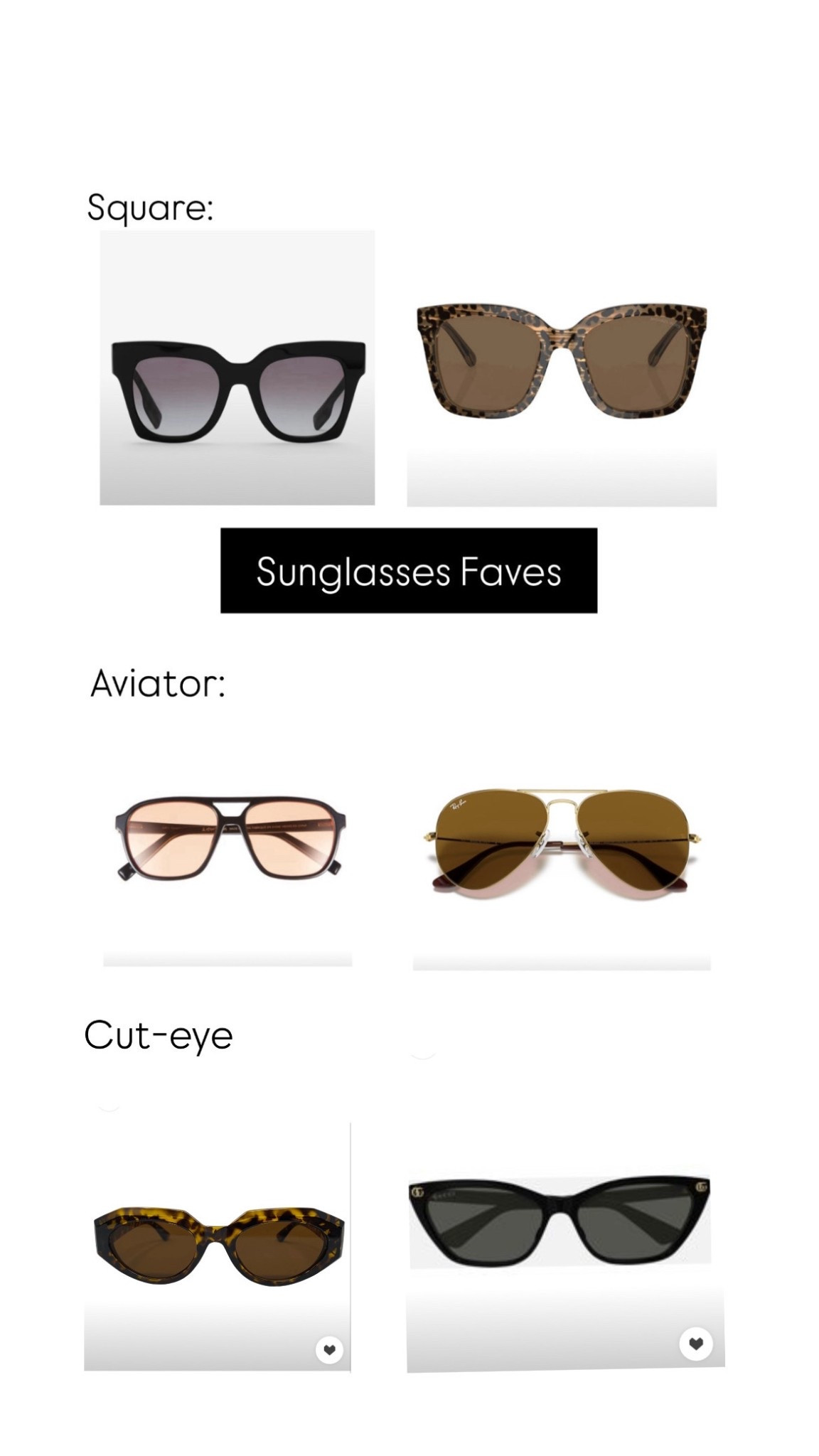 Upgrade your look with my sunglasses faves! From chic square frames to timeless aviators and playful cat-eye styles, these picks are perfect for every mood and outfit. Shop my top styles for a mix of classic and trendy vibes that never go out of fashion.